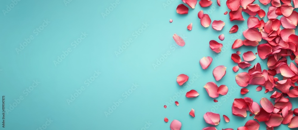 Poster pink flower petals framing the right side of a vibrant turquoise gradient background creating an inv