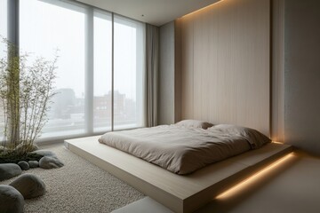 Serene Minimalist Bedroom With Platform Bed And Zen Garden