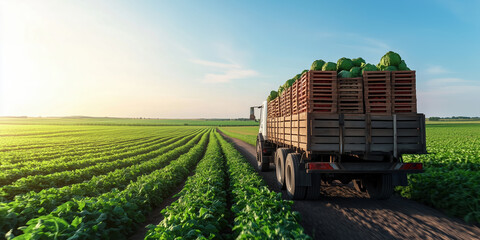Truck loaded with fresh cabbage crates on rural farm field. Agricultural production