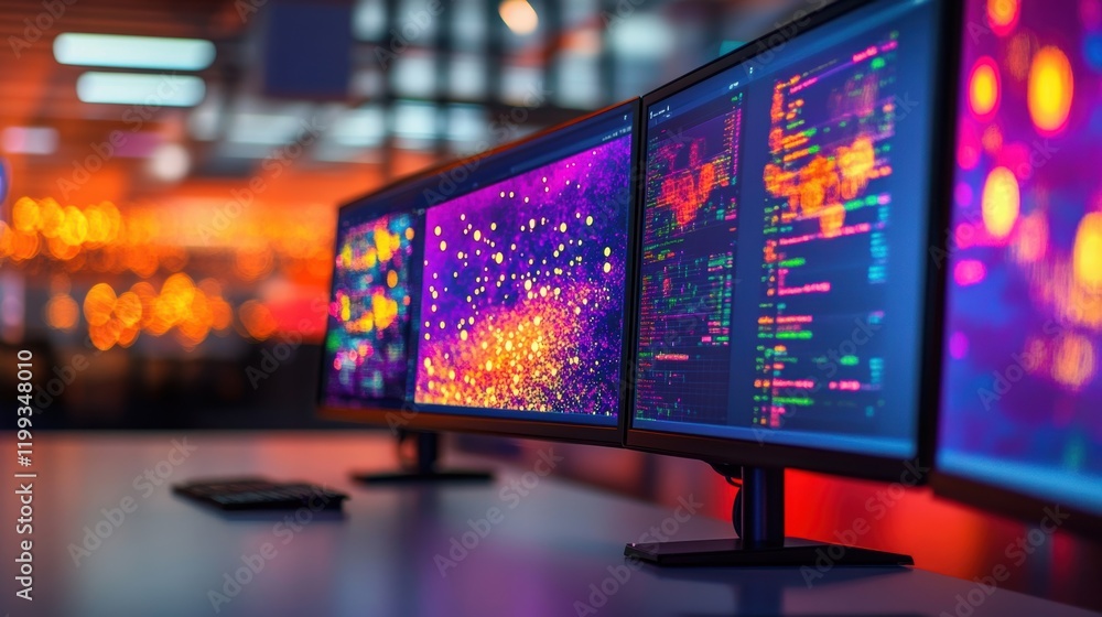 Poster a detailed monitor closeup displaying a series of tiled visualizations each depicting various metric