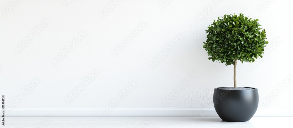 Poster lush green topiary tree in a sleek black pot positioned on the right side against a bright white bac