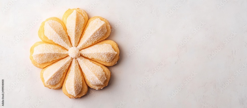 Poster delightful flower-shaped doughnut in soft pastel yellow and cream on light gray background with ampl