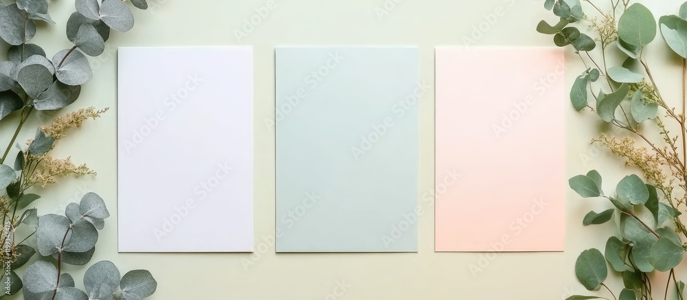 Aufkleber minimalist greeting card template collection in soft pastel colors with eucalyptus leaves and empty 
