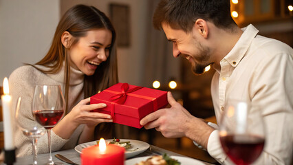Husband or boyfriend holding red gift box in hands making present surprise to happy girlfriend wife having romantic dinner date in candlelight, close up. Couple celebrate Valentines day on February 14
