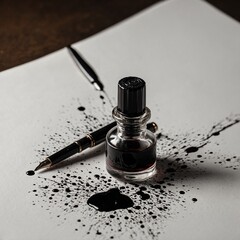 A close-up of a fountain pen with ink splattering onto an elegant piece of paper.