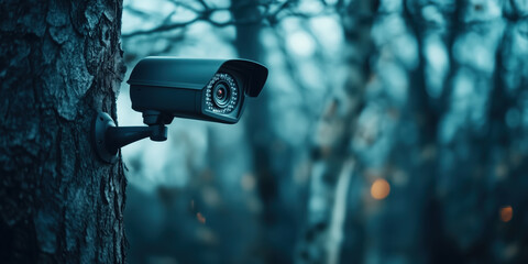 Security camera mounted on tree trunk at night. Safety and surveillance equipment concept
