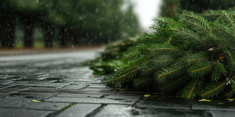 Fototapeta premium Wet sidewalk with pine branch in rain. Christmas and winter season background