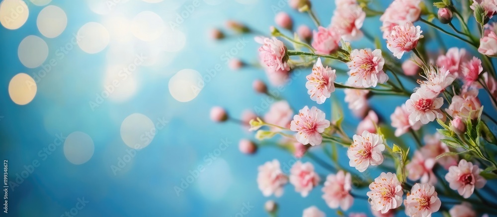 Poster pink flower wreath against a soft blue background featuring a dreamy bokeh effect with ample empty c