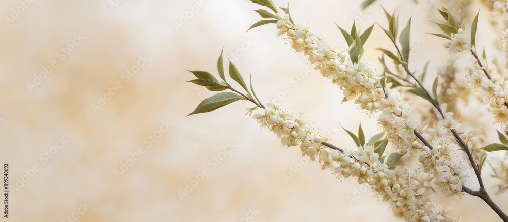 Poster delicate white flowering branch of drought-resistant gastrolobium acrotriche against soft beige back