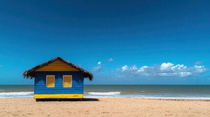 Fototapeta premium Beach Hut Serenity: A Vibrant Blue and Yellow Beach House Under a Sunny Sky