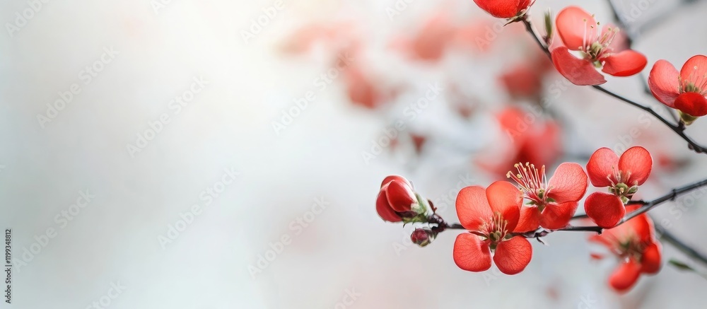 Poster vibrant red quince blossoms on delicate branches creating a soft blurred background with ample empty