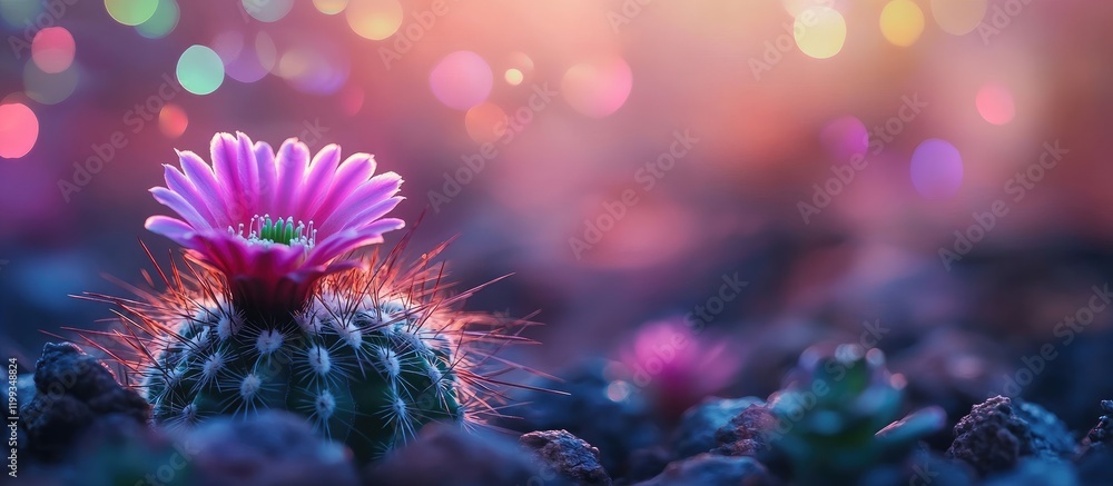 Poster close up macro of flowering cactus with pink blossoms in moonlit forest featuring rainbow bokeh and 