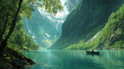 Serene landscape with a boat on a tranquil lake surrounded by mountains.