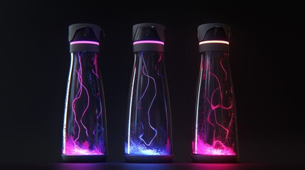 Three illuminated water bottles with colorful, flowing designs.