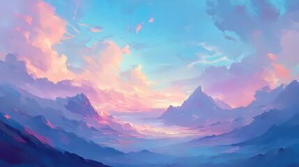 A serene landscape painting of mountains, sky, and clouds in pastel pink, purple, and blue colors