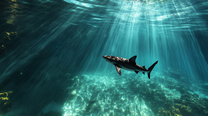 Shark swimming in ocean rays of light. Marine life and underwater content