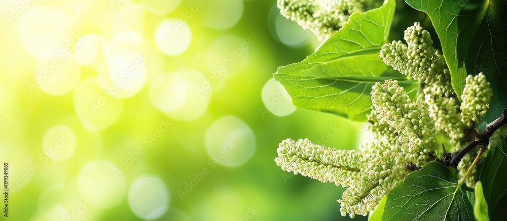 Poster close-up macro of flowering mulberry tree branch with vibrant green leaves and soft bokeh background