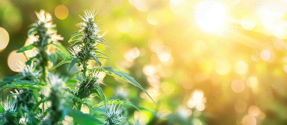 Poster close up of flowering nettle in green fields at sunset with soft golden light and copy space for tex