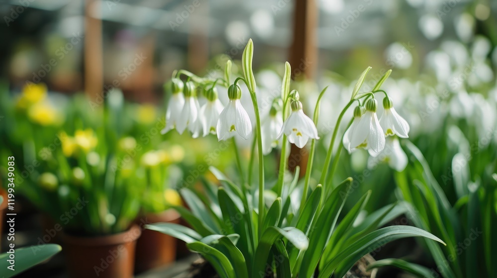Poster blooming snowdrop flowers with green leaves in botanical garden setting soft natural light with empt