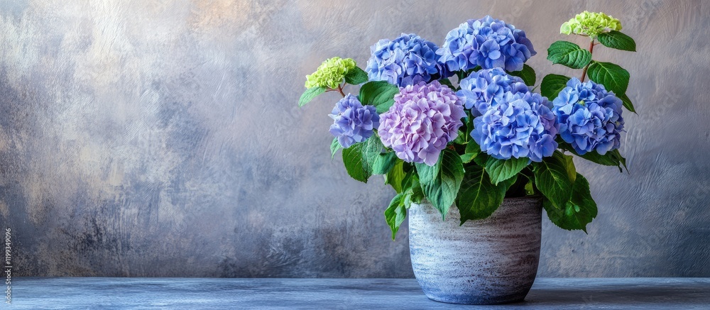 Poster blooming hydrangea flowers in a rustic gray ornamental pot on a textured gray background with ample 