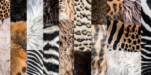 Diverse collection of animal furs featuring leopard, zebra, and tiger patterns