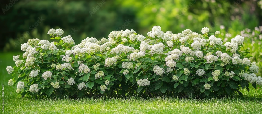Poster lush flowering shrubs adorned with delicate white blooms in a vibrant green garden setting featuring