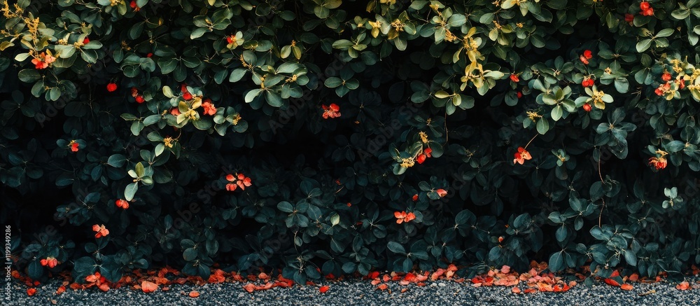 Aufkleber lush flowering shrubs with vibrant red blooms in a serene garden setting featuring ample empty copy 