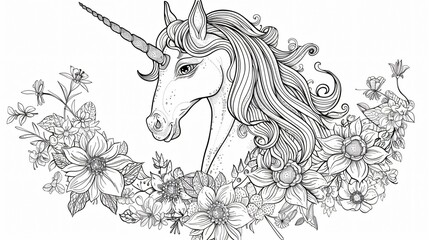 Adorable Unicorn in Flower Field Coloring Page