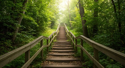 Obraz premium A serene wooden staircase ascends through lush green forest scenery, illuminated by soft sunlight filtering through the trees.