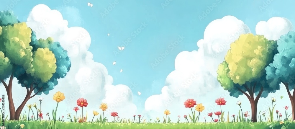 Poster vibrant flowering trees in lush green grass under a serene blue sky with fluffy white clouds and amp