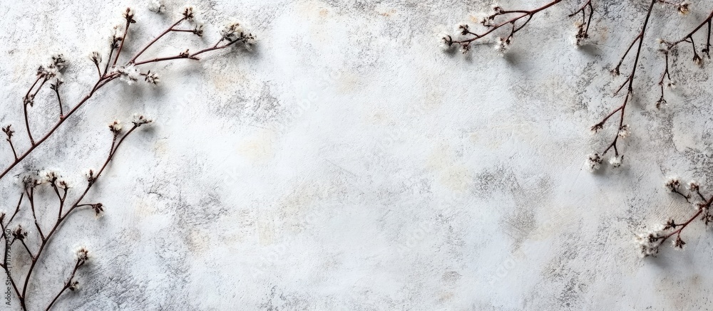 Aufkleber delicate flowering vine with needle flowers on soft gray and white textured background creating sere