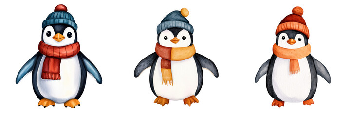 Fototapeta premium Cute penguins wearing winter hats and scarves, perfect for seasonal decor