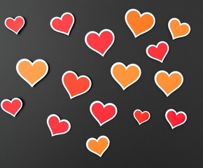 Colorful heart stickers featuring vibrant red and orange hues are scattered against a dark background, ideal for expressing love on Valentine's Day