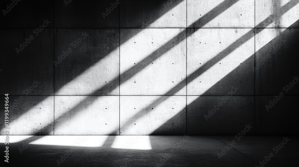 Poster light rays create striking patterns on a textured concrete wall in a minimalist space. generative ai