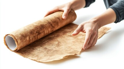 An engineer with a rolled-up blueprint, pointing at a design model, isolated on white,