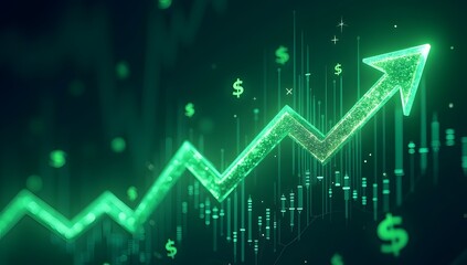 Naklejka premium Green arrows rising amidst glowing financial symbols, symbolizing market confidence and growth. AI-generated. 