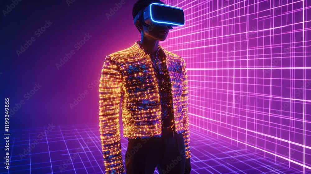 Poster person wearing virtual reality headset stands in a vibrant, illuminated environment with grid patter