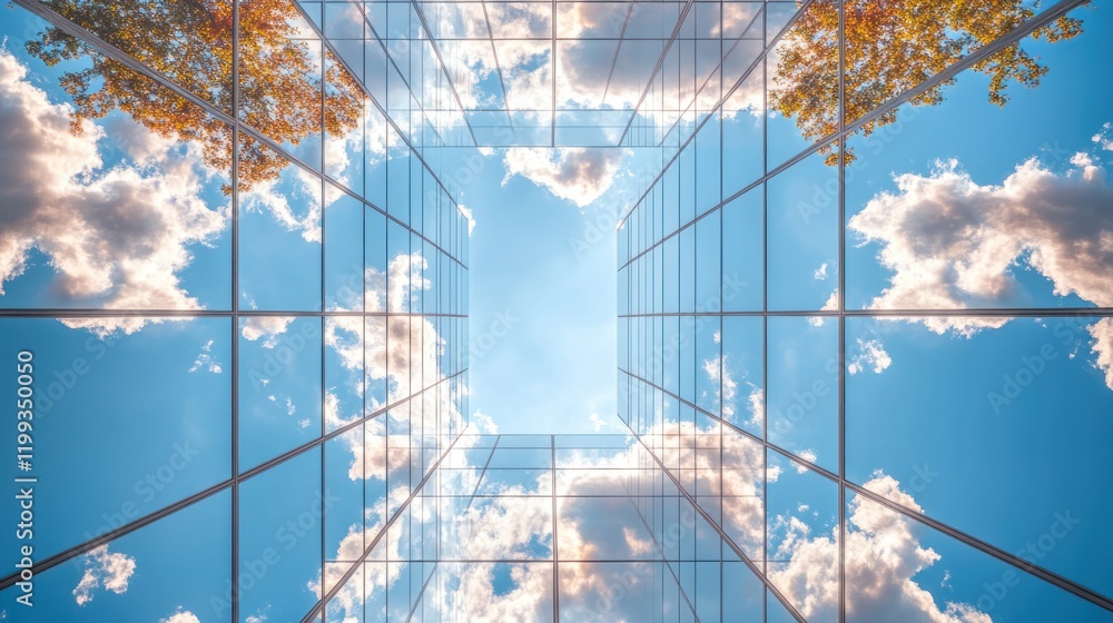 Poster reflections of clouds in modern architecture with vibrant trees under a clear sky. generative ai