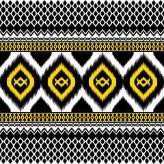 Bold geometric pattern featuring yellow and black colors, with intricate designs and shapes. This textile design is perfect for various applications like fashion and home decor