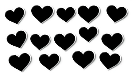 A set of black heart stickers featuring clean white outlines, perfect for decorating gifts, cards, and crafts for Valentine's Day and any occasion celebrating love