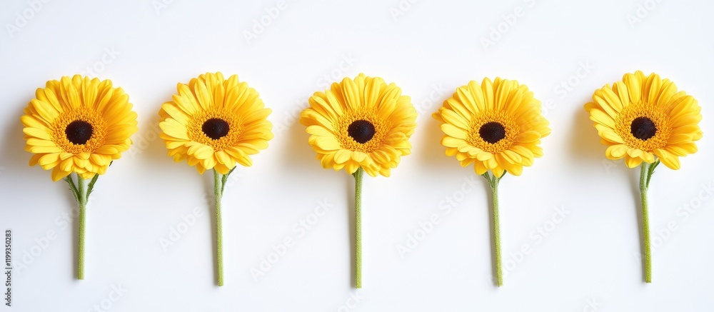 Aufkleber vibrant yellow flowers arranged in a straight line on a clean white background with ample empty spac