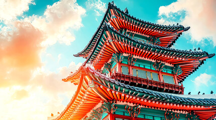 Fototapeta premium Korean Temple Architecture: A Stunning Pagoda Under a Vibrant Sky