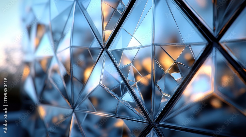 Poster geometric patterns reflect sunlight in an abstract glass structure at sunset. generative ai