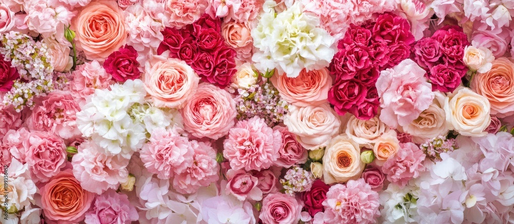 Poster vibrant array of blooming pink and white flowers arranged beautifully in a garden setting with ample