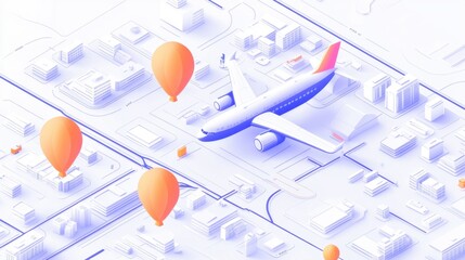 Isometric Cityscape with Airplane and Hot Air Balloons