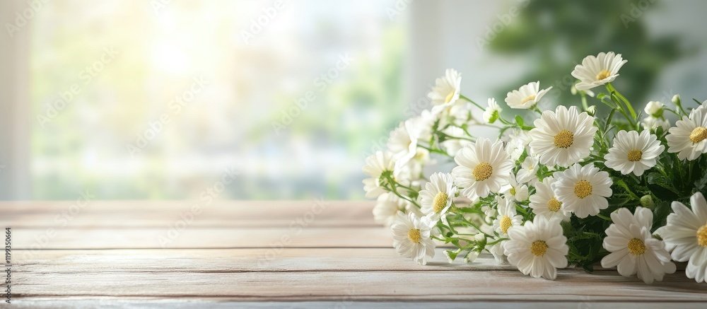 Aufkleber delicate white flowers arranged on a rustic wooden table with a softly blurred green background and 