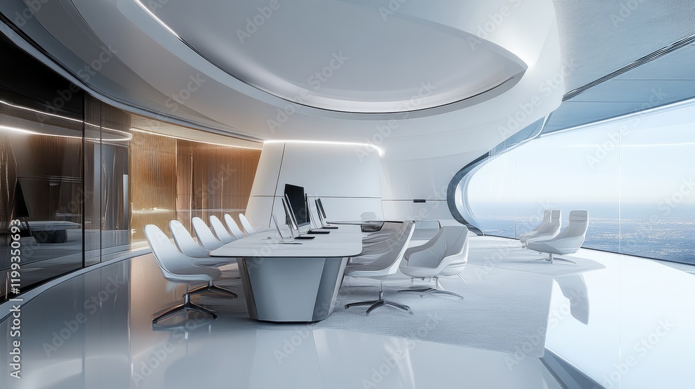 Aufkleber high-tech command center with a futuristic conference room, 3d rendered with advanced features and a