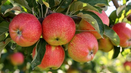 Obraz premium Red apples hanging on tree branches in lush orchard
