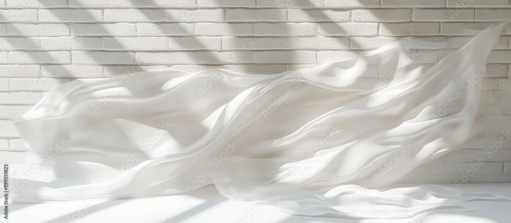 Poster elegant white fabric flowing gracefully on a textured white brick wall with soft light and shadows c