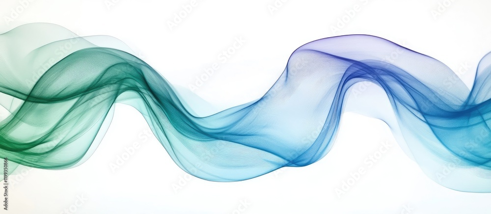 Poster calming gradient waves in serene blue and green tones flowing gracefully across a white backdrop wit